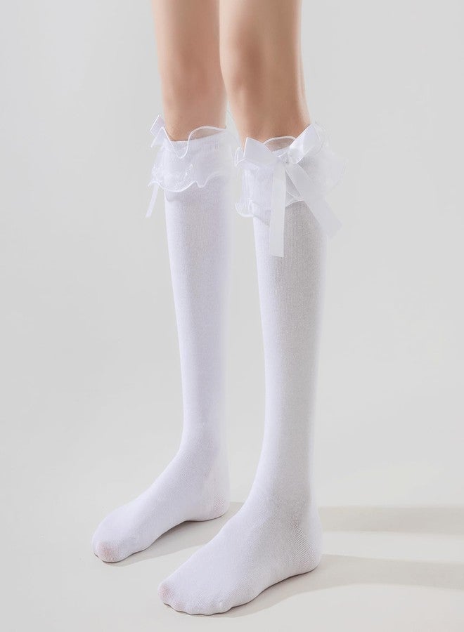 AMHRLINGTO Women's Lace Ruffle Frilly Ankle Socks - Girl Cotton Knee High Socks with Bow Lace Ruffle Trim (Cotton, White-2 Pairs) - Image 2
